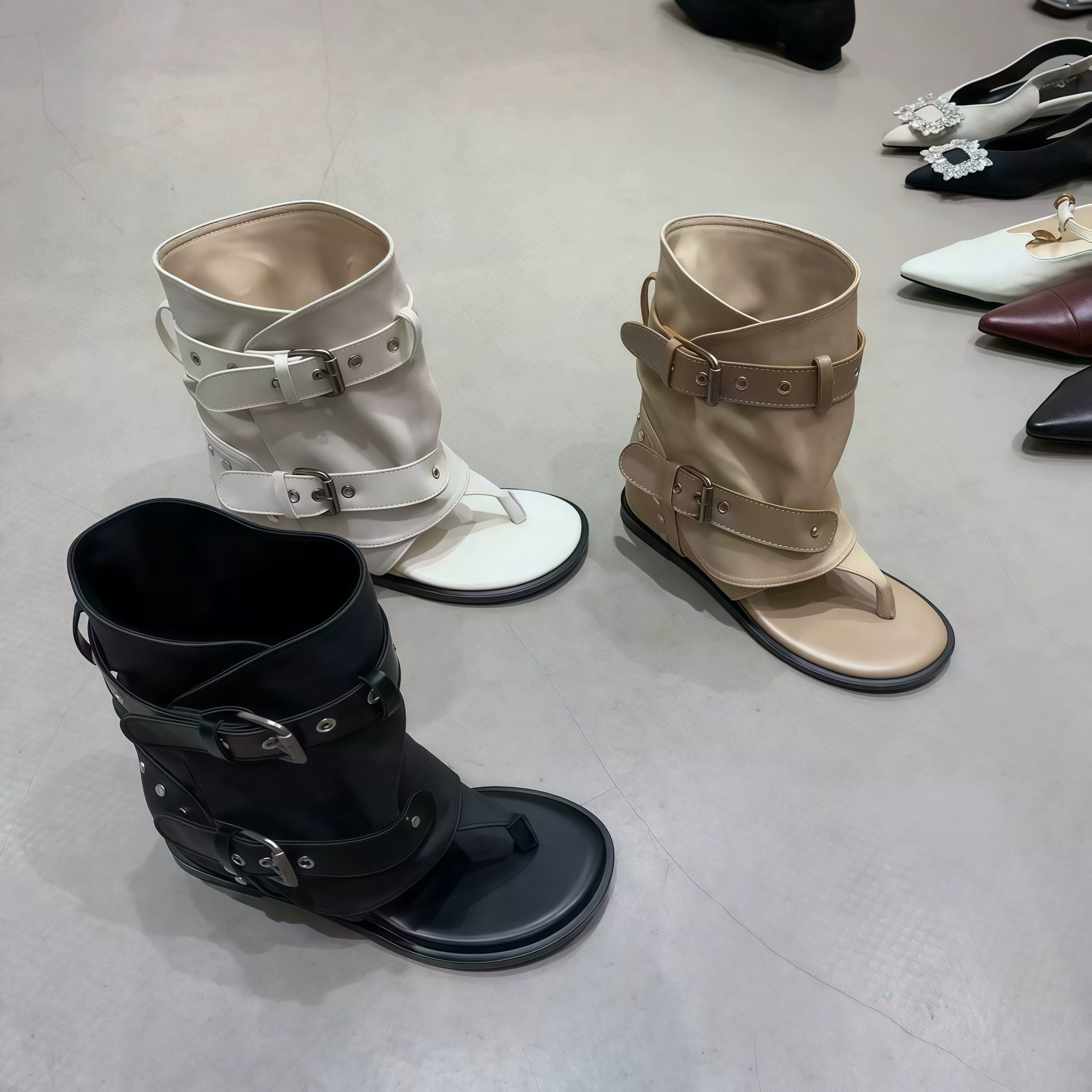 Women's Korean Buckle Ankle Boots, Summer Short Toe Ring Motorcycle Boots Suede