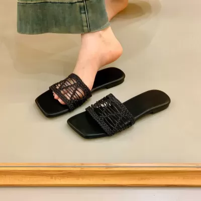Women's Black Flat Square Toe Braided Slide Sandals, Summer Beach Vacation · YANYAN China shoe factory