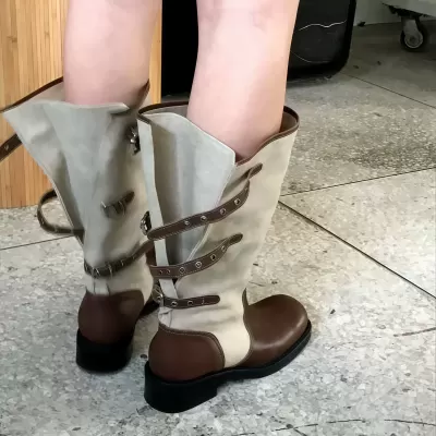 Women's Retro Round Toe Foldable Wide Shaft Riding Boots, Chunky Heel Tall Boots · YANYAN China shoe factory