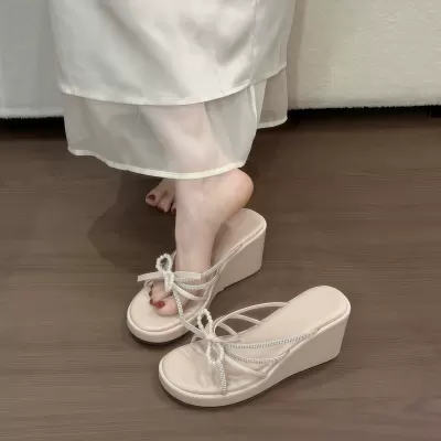 Women's Rhinestone Thong Wedge Sandals 2026, High Heel Dress Slides with Straps
