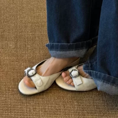 Women's French Belt Buckle Round Toe Open Toe Chunky Heel Slide Sandals · YANYAN China shoe factory