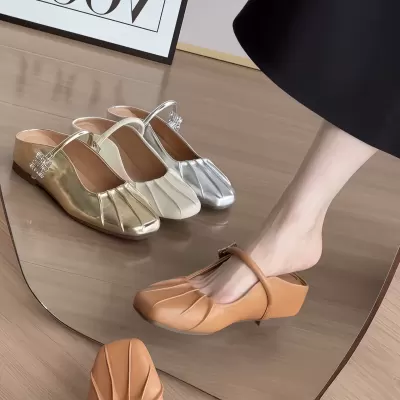 Women's Hidden Wedge 5cm Pleated Mule Sandals 2026, Ballet Style Flat