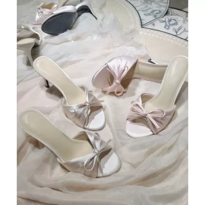 Women's French Satin Pleated Bow High Heel Sandals 2026, Pink Sexy Stiletto · YANYAN China shoe factory