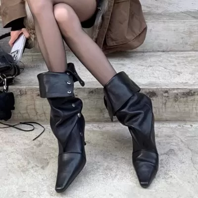 Women's Black Two Way Pointed Toe Stiletto Stacked Boots, Cowboy Riding Boots
