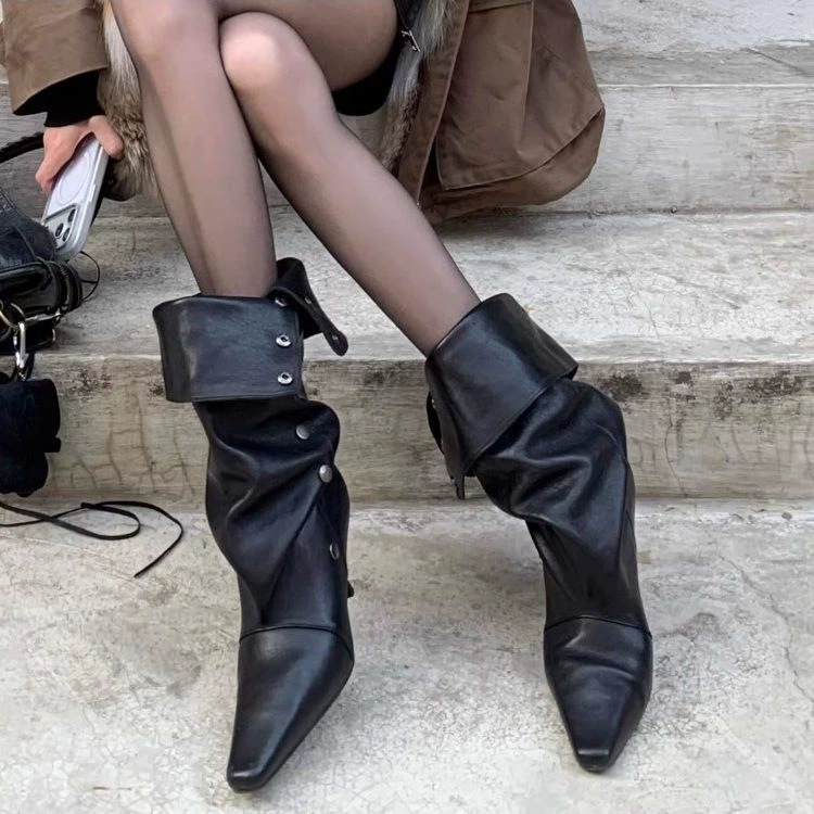 Women's Black Two Way Pointed Toe Stiletto Stacked Boots, Cowboy Riding Boots