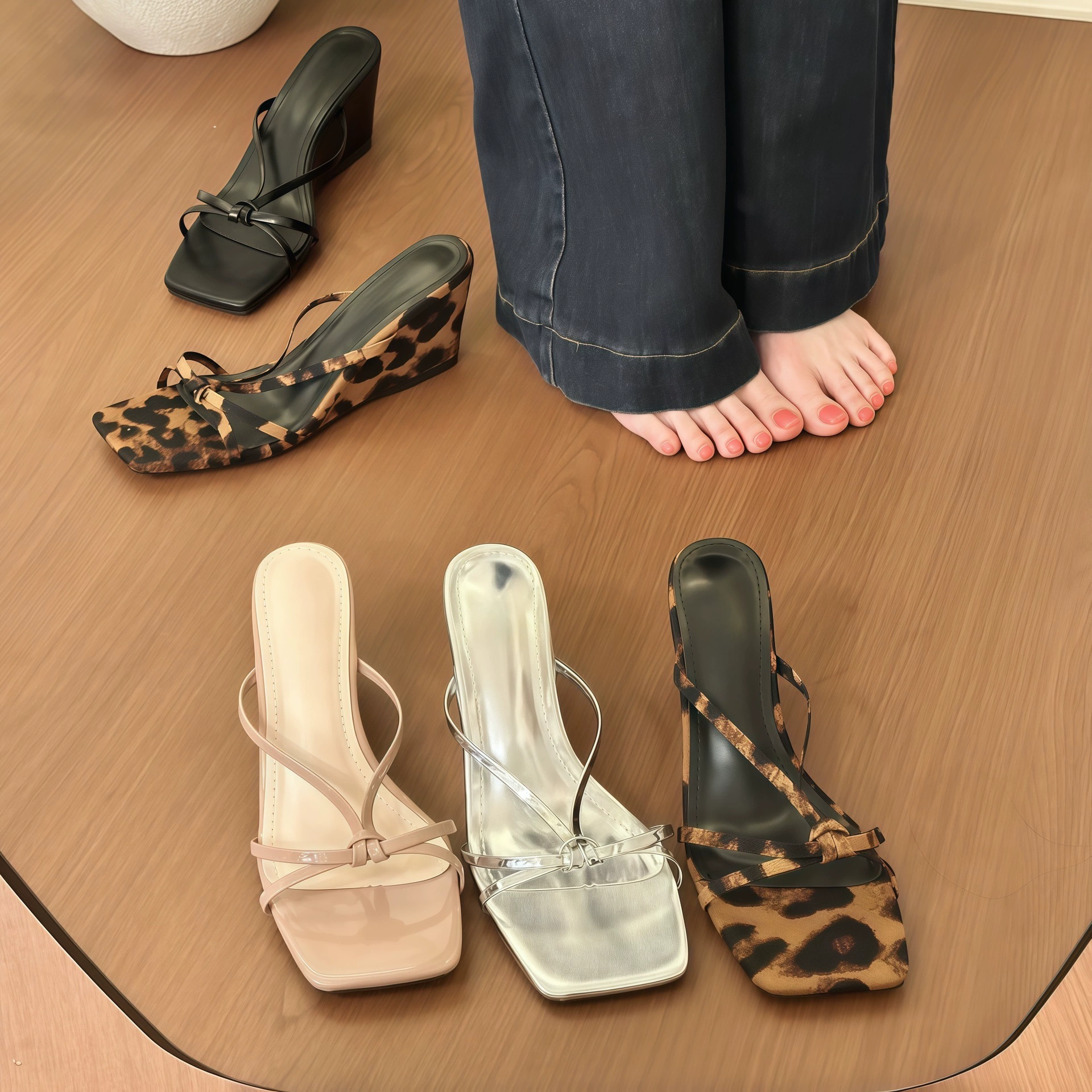Women's Square Toe Strappy Wedge Sandals 2026, Korean High Heel Summer Shoes