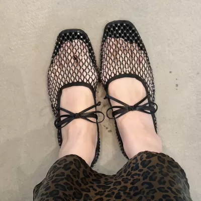 Women's Rhinestone Mesh Bow Ballet Flats 2026, Square Toe Flat Mary Jane · YANYAN China shoe factory