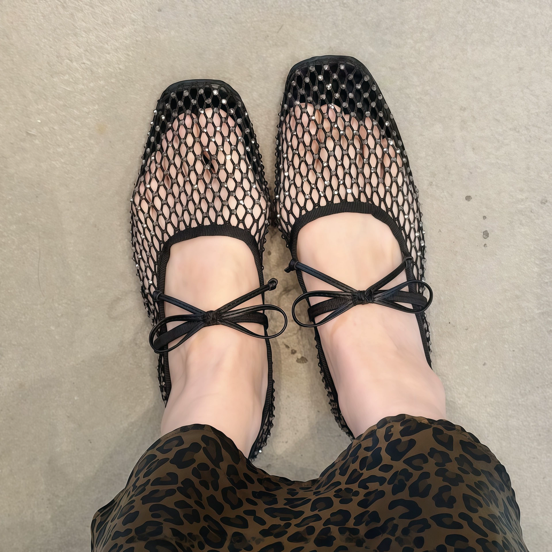 Women's Rhinestone Mesh Bow Ballet Flats 2026, Square Toe Flat Mary Jane