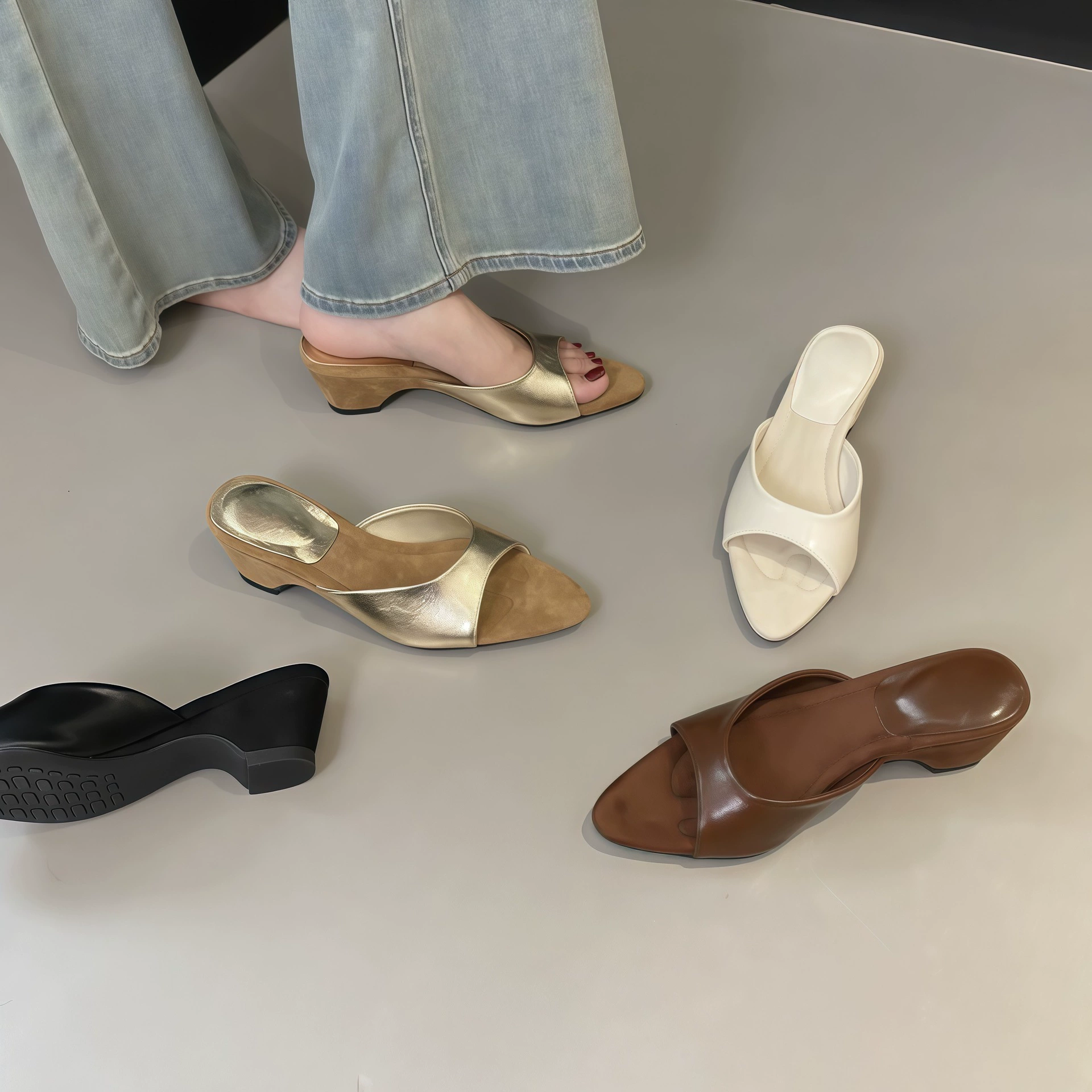Chuyuji Korean Chunky Heel Pointed Toe Slide Sandals, Non Slip Casual