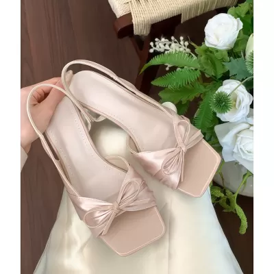Chuyuji Pink Satin Bow Sandals for Women, Sweet Side Cutout Peep Toe · YANYAN China shoe factory