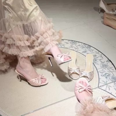 Chuyuji 2026 Summer Champagne Thin Heel Peep Toe Sandals with Bow · YANYAN China shoe factory
