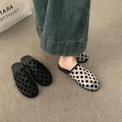 Chuyuji Mules Plates Rétro en Maille à Pois, Chaussures Décontractées Printemps Été