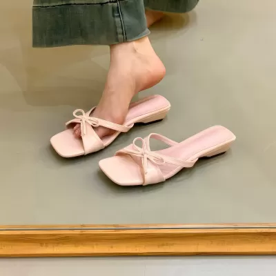 Chuyuji Women's Pink Bow French Flat Sandals, Fairy Style, Summer 2026 · YANYAN China shoe factory