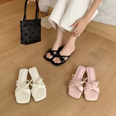Chuyuji Women's Youth Bow Slide Sandals, Square Toe, Fairy Style, Summer 2026 · YANYAN China shoe factory