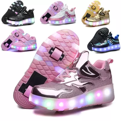 2026 Cross-Border Kids Heelys Double Wheel Girls Breathable LED Light Shoes USB Charging Outdoor Sports Roller Skates · YANYAN China shoe factory