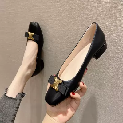 Triumphal Arch Metal Buckle Square Toe Bow Flat Low Heel Shoes for Women New · YANYAN China shoe factory