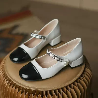 Mary Jane Leather Shoes for Women Retro Color Block Chunky Heel Princess Style 676-9 · YANYAN China shoe factory