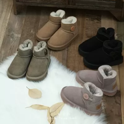 XSHX Wooden Button Kids Genuine Leather Snow Boots for Boys Girls Winter 249002