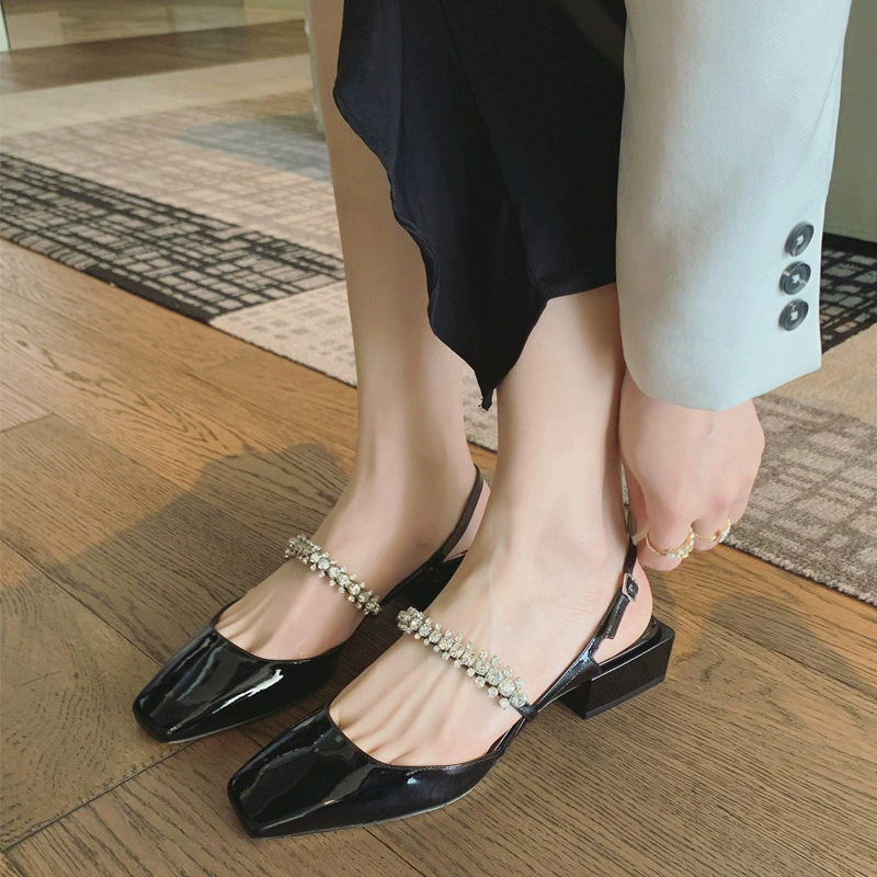 New Spring Summer Crystal Strap Backless Square Toe Chunky Heel Mary Jane Sandals Women