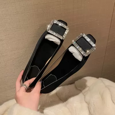 Satin Black Square Toe Flat Shoes with Buckle Crystal Soft Sole Work Shoes Women French · YANYAN China shoe factory