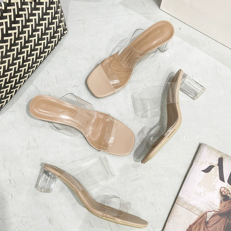 One-Strap High Heel Sandals for Women New Summer Chunky Heel Crystal Slides Thick Sole