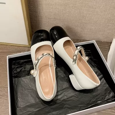 Women's Pearl Flats Retro Chanel Mary Jane Chunky Heel Leather Shoes Cross-Border Hot · YANYAN China shoe factory
