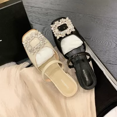 New Summer Crystal Buckle Square Closed Toe Chunky Half Slippers for Women Backless · YANYAN China shoe factory