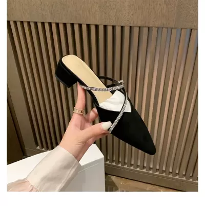 New French Elegant Pointed Crystal Strap Slip-On Chunky Half Slippers for Women Mules · YANYAN China shoe factory