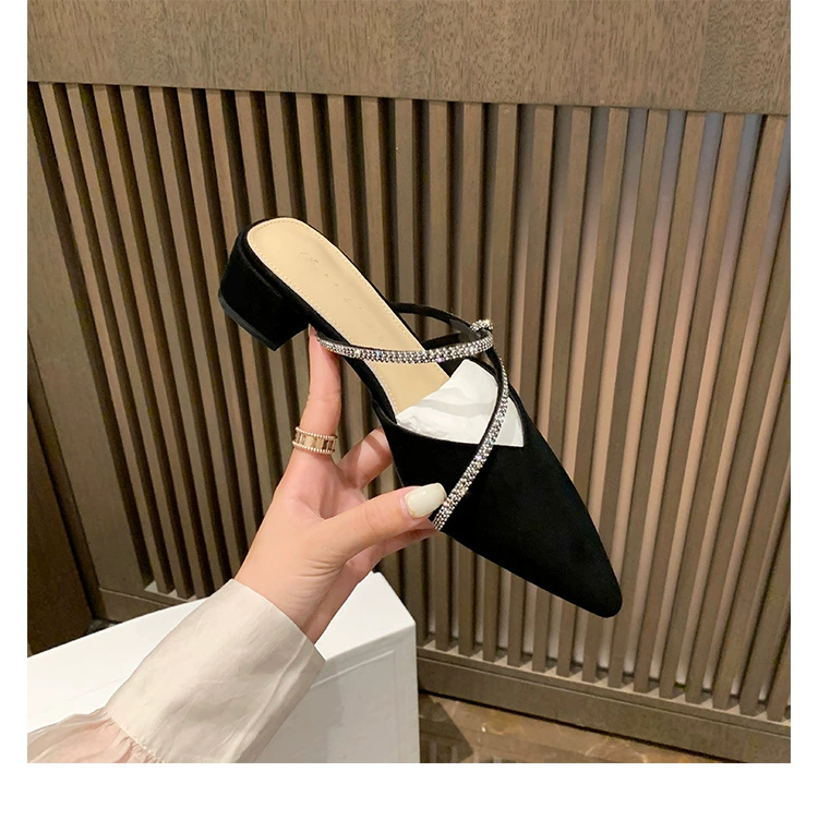 New French Elegant Pointed Crystal Strap Slip-On Chunky Half Slippers for Women Mules