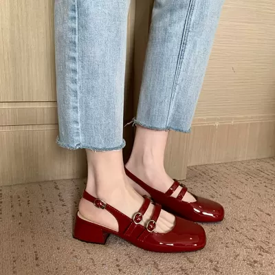 New Summer Backless Closed Toe Sandals French Retro Square Double Buckle Mary Jane