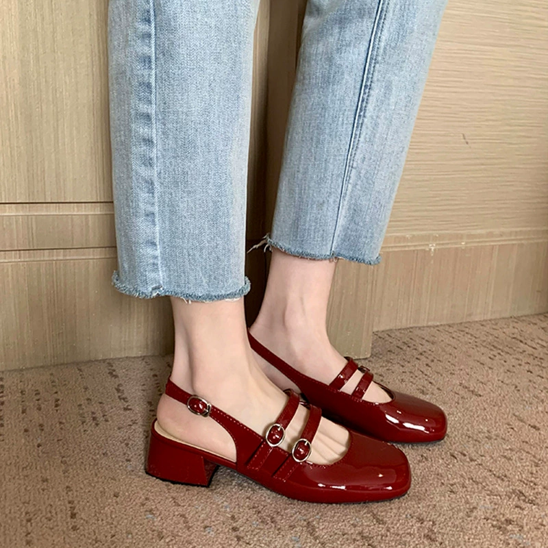 New Summer Backless Closed Toe Sandals French Retro Square Double Buckle Mary Jane