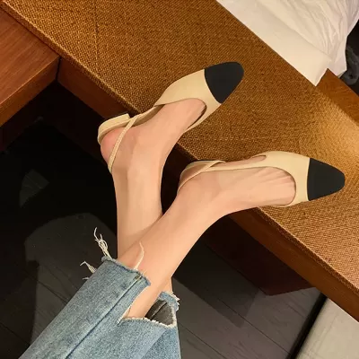 New French Style Color-Block Open Back Round Toe Low Heel Sandals for Women
