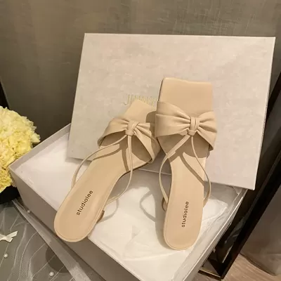 New French Bow One-Band Square Toe Flat Sandals for Women Summer Outdoor