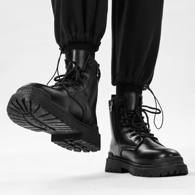 Spring Classic Round Toe Martin Boots for Men, British High-Top Zipper Work Boots, Thick Sole 8605