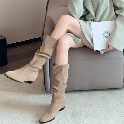 New Vintage Pointed Toe Chunky Heel Western Cowboy Boots Mid Calf Slim 2894-3 · YANYAN China shoe factory