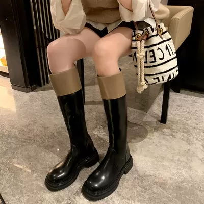 New Autumn Winter Color Block Round Toe Chunky Heel Mid Calf Slim Knight Boots · YANYAN China shoe factory