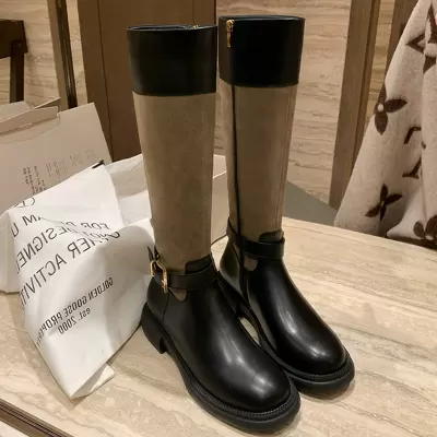 New Autumn Winter British Vintage Color Block Buckle Round Toe Chunky Heel Mid Calf Slim Boots · YANYAN China shoe factory