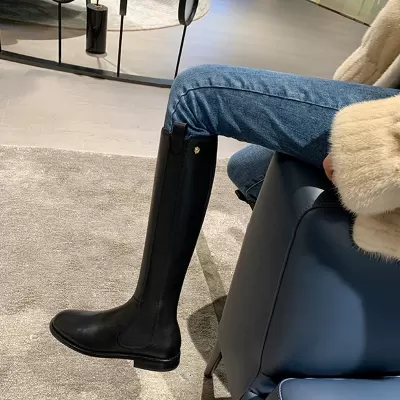 Chanel Style Black Boots Women Autumn Winter Flat High Tube Knight Boots Over Knee