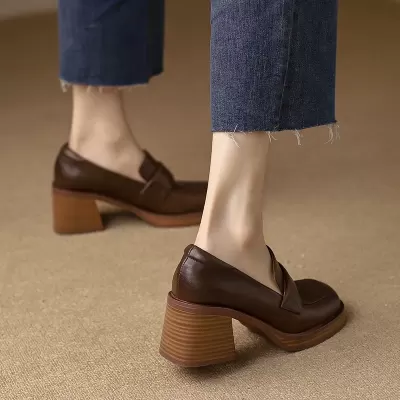 Women's Chunky Heel Loafers, Brown Square Toe Platform Heels Retro Style · YANYAN China shoe factory