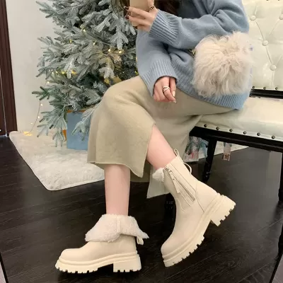 Winter New Lambswool Side Zipper Fleece Lined Chunky Heel Short Boots Women Snow Martin
