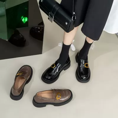 New British One Strap Square Buckle Metal Thick Sole Chunky Heel Round Toe Genuine Leather Loafers · YANYAN China shoe factory