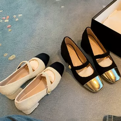 New Woolen Color Block Chunky Mid Heel Round Toe Mary Jane Shoes Women Office Low Heel Comfort · YANYAN China shoe factory