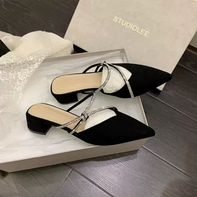 Open Toe Mules Women Chunky Heel Rhinestone Pointed Toe Shallow Korean Sandals Mid Heel Comfort · YANYAN China shoe factory