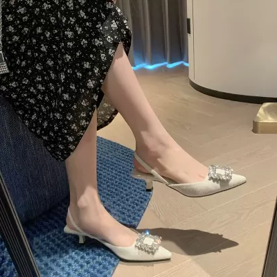 Wizard of Oz New Summer Square Buckle Rhinestone Pointed Toe Open Back High Heel Sandals Women