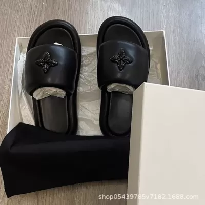 Women's Korean Black Balloon Slippers, Cross Flower Platform Thick Sole Flip Flops