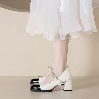 Chunky Heel Mary Jane Shoes Chanel Color Block Patent Leather Pearl Heels Women Mary Jane Shoes · YANYAN China shoe factory