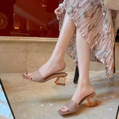 New Summer Square Toe Rhinestone Transparent PVC Crystal Chunky Heel Sandals Women Outdoor · YANYAN China shoe factory