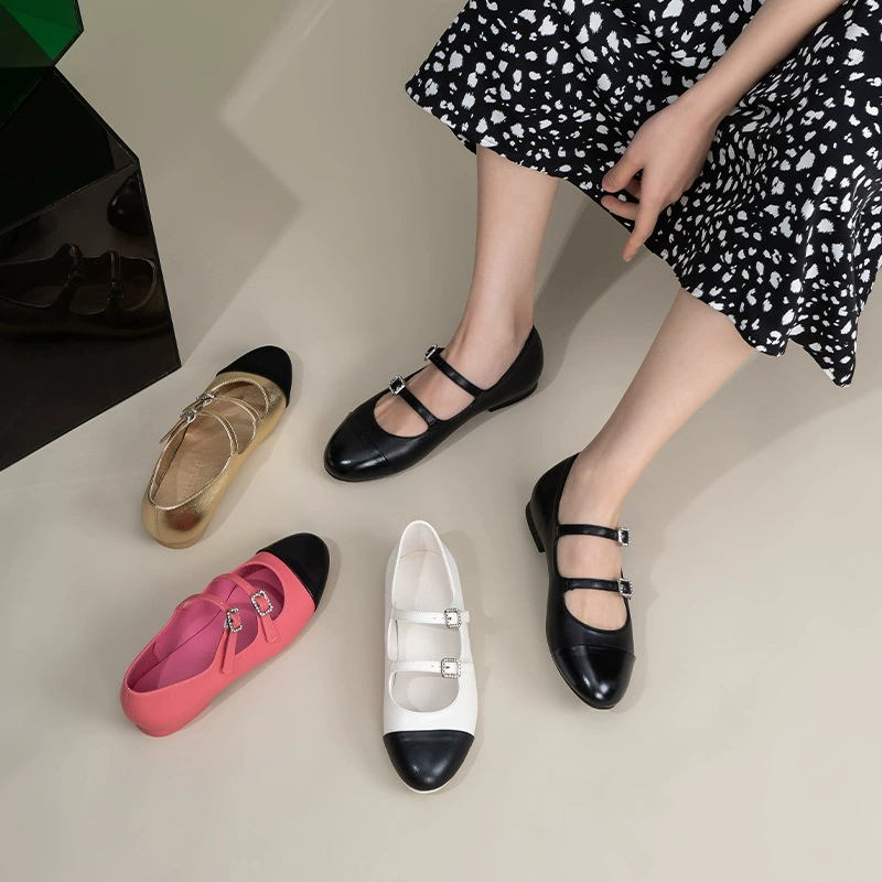 New Spring Round Toe Vintage French Flat Shallow Mary Jane Flats Women Genuine Leather Low Heel