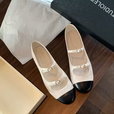 New Spring Shallow Flat French Vintage Round Toe Color Block Mary Jane Flats Comfort