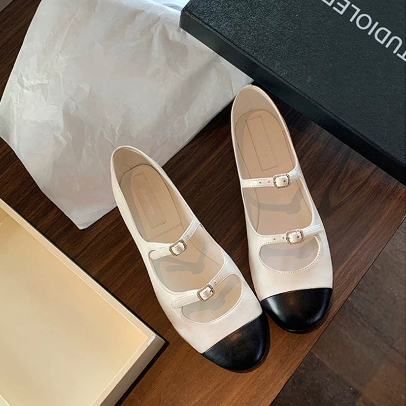 New Spring Shallow Flat French Vintage Round Toe Color Block Mary Jane Flats Comfort